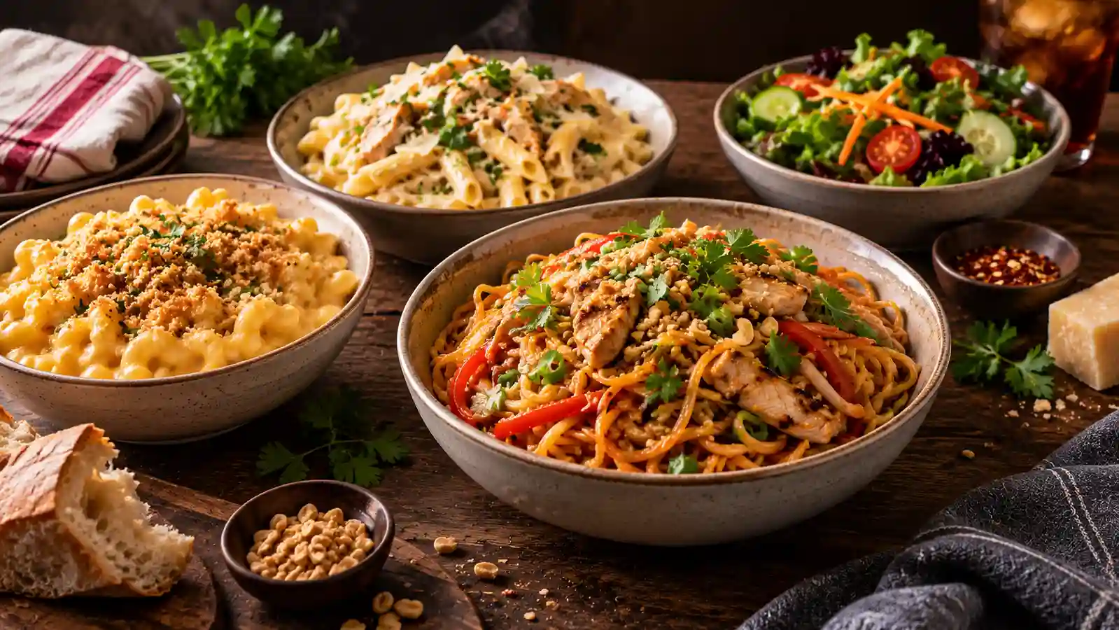 Several pasta and noodle bowls arranged on a table