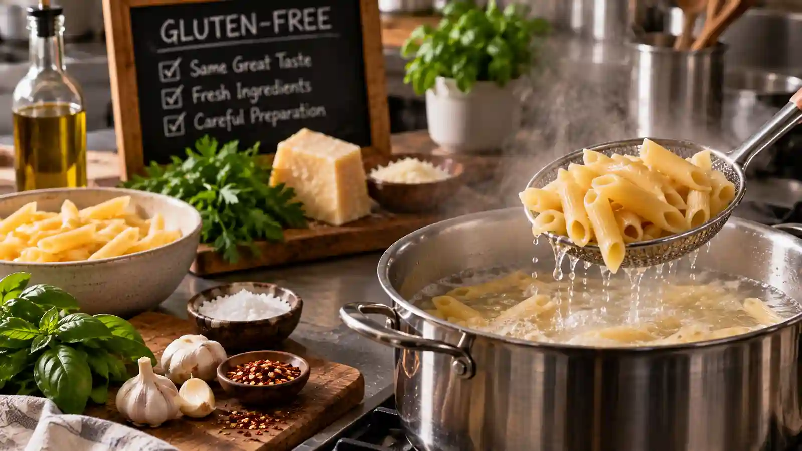 Pasta cooking in a shared pot in a restaurant kitchen